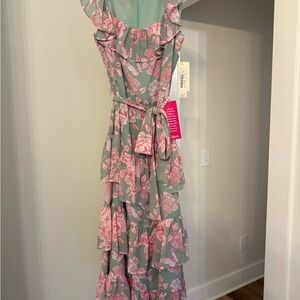 NWT Floral Ruffle Maxi Dress in Pink and Green